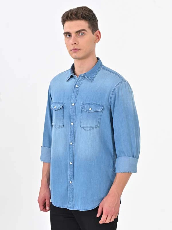 Indian Terrain Men's Regular Fit Full Sleeve Solid Blue Shirt